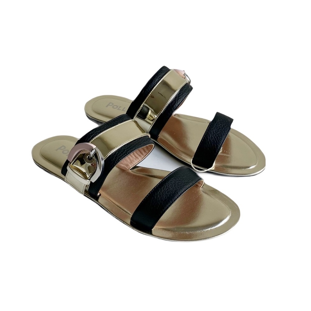 Pollini Leather Strappy Sandals Size 38 Gold Buckle Black Slides Open Toe Resort